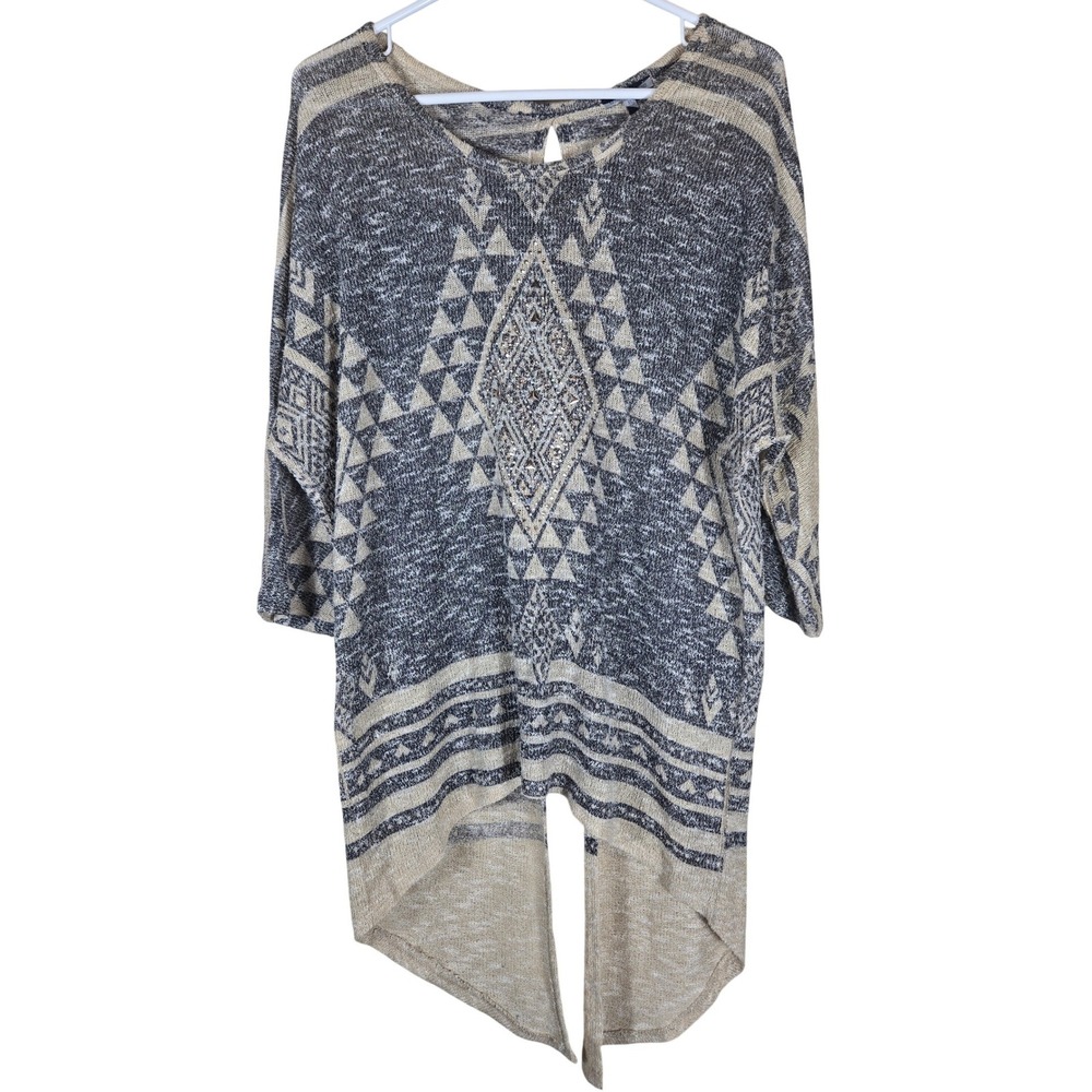 Charlotte Russe XL Grey Beige Tribal Geometric Rhinestone Split Back Sweater